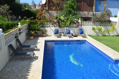 Our spacious heated swimming pool, terrace garden and sun loungers