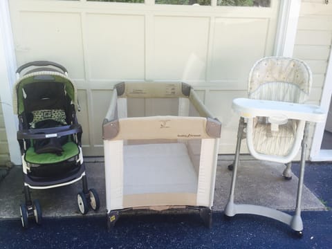 Very clean, like new, baby items: stroller, pack and play and high chair. 