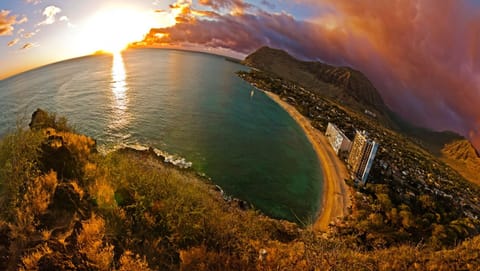 Sunset from Lahilahi, with the condo on the beach below