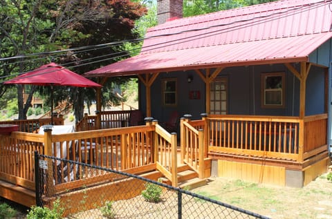 Right Hand side of cottage, Gated deck, and Chain Link fenced area for pets.