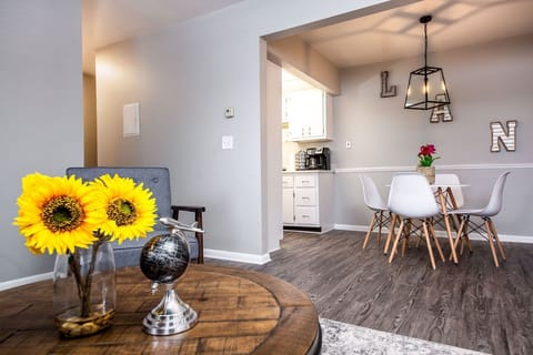 Main living area with view of dining room and kitchen