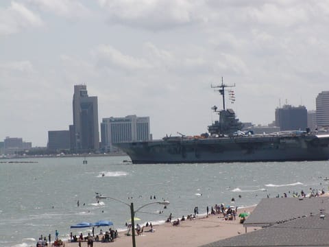Beach view of USS Lexington and downtown Corpus  