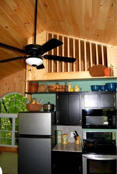 Eco Cabin 1 side of kitchen w/ sleeping loft above it.