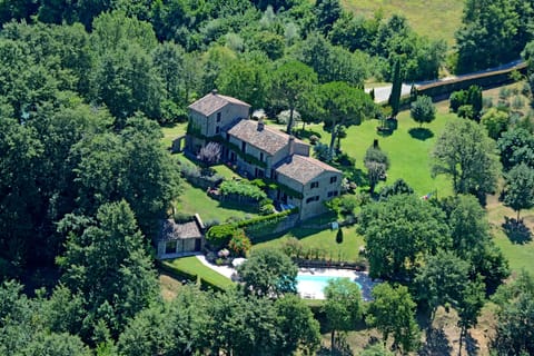 The villa from the air, showing the upper and lower units of the house
