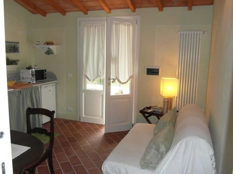 kitchen and living room with sofa bed