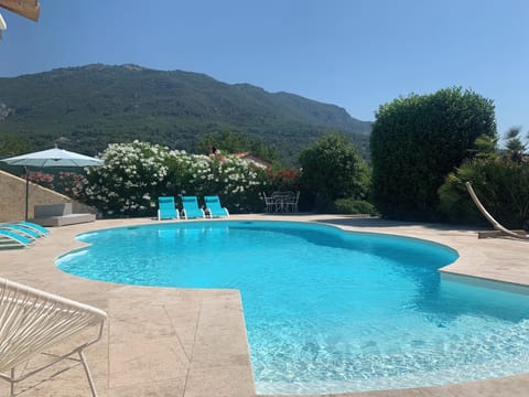 Large pool with stunning mountain view ideal for family with kids. Soft stairs.
