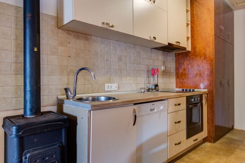 Fully-equipped kitchen with wood stove.