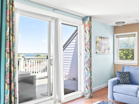 Observation room with deck and view of Narragansett Bay and Newport Bridge 