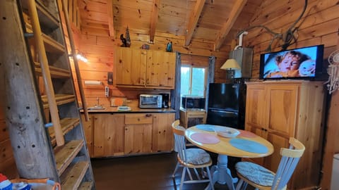 dining area, smart tv, full size refrigerator, toaster oven, microwave.