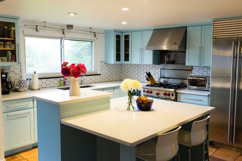 A true chef's kitchen!  Brand new solid quartz countertops, and painted cabinets