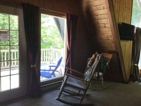 Cozy living room looks out onto huge deck and forest.