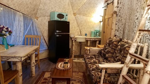 Table and chairs, retro fridge and microwave, bay window, love seat, birch sink
