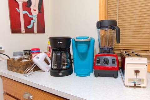 Stainless steel pots and pans, sharp knives, dishwasher, tea kettle, keurig.