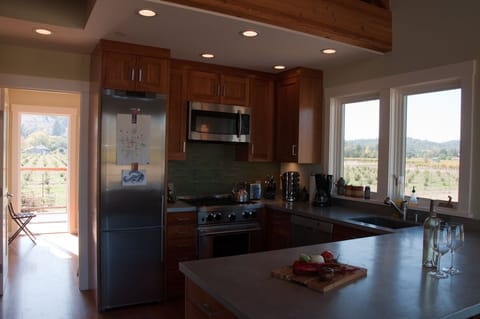 Kitchen view with zinc countertops