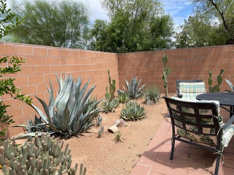 Walled in backyard with seating.
