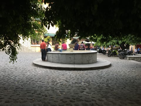 Plazuela del Zacate fountain, here we meet for the delivery of keys