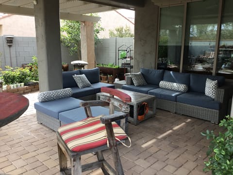 Covered private patio seating.