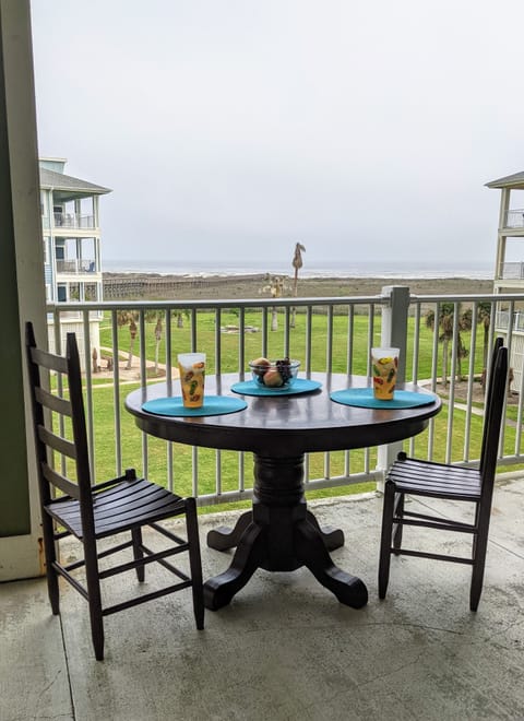 Large balcony has beautiful views and plenty of seating
