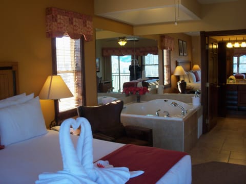 Large unit bedroom with hot tub.