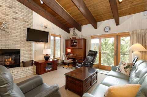 Living room with desk, gas fireplace, queen size sofa bed and human touch chair.