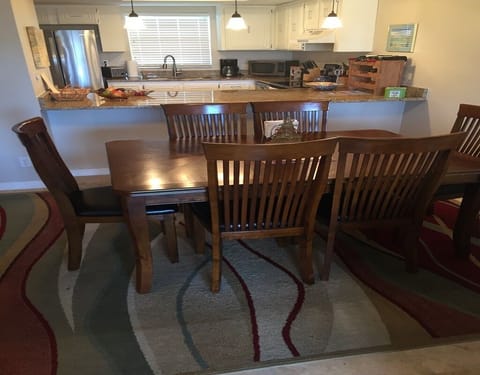 Dining area seats six.