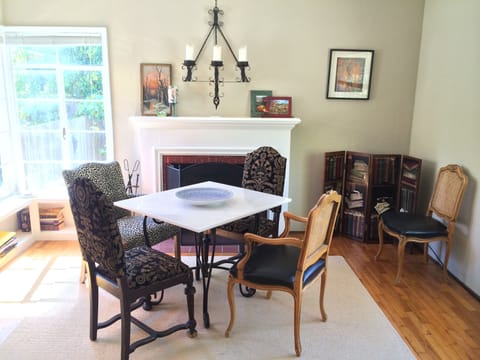 Dining area with wood burning fireplace 