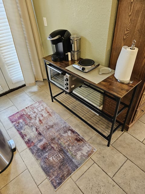 Keurig coffee maker, toaster oven & single burner hotplate.