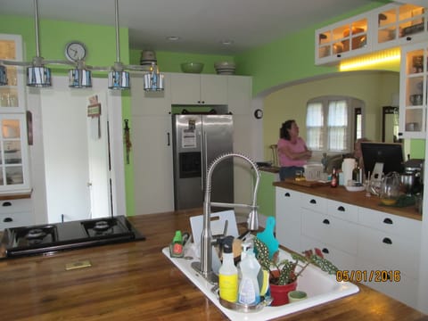 The kitchen, looking into the dining room and living Room.