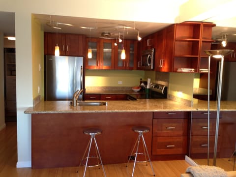 Renovated kitchen, stainless steel appliances
