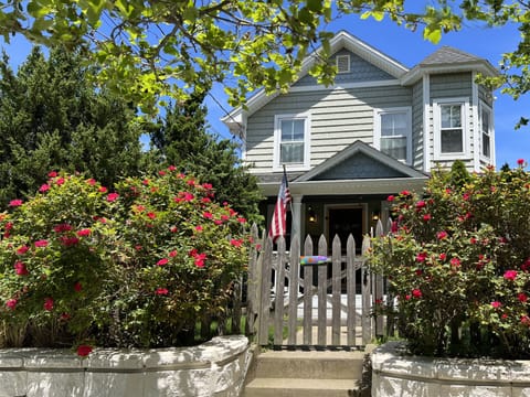 Front of cottage with roses in full bloom
