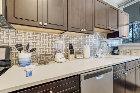 Porcelain tile surrounds this custom kitchen.