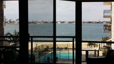 View of Sail Bay from the Great Room. The front wall is all windows and view.