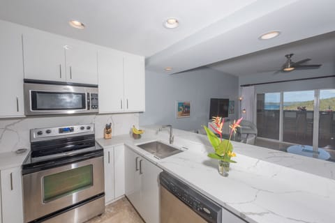 Stainless steel appliances and new cabinetry and quartz counters.