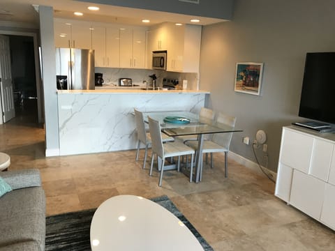 A fully equipped new kitchen on the one bedroom side. 