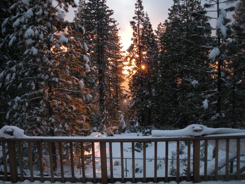A snowy winter sunset from the back deck.