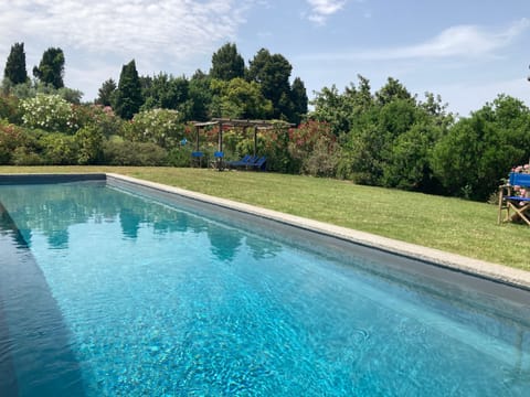 The pool area, entirely fenced and enframed by plants and flowers