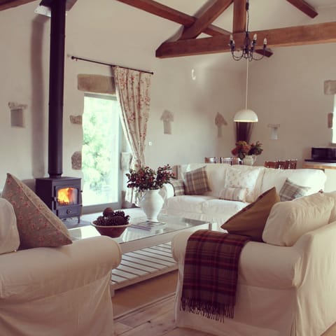 Large open plan lounge/dining /kitchen area with vaulted ceiling