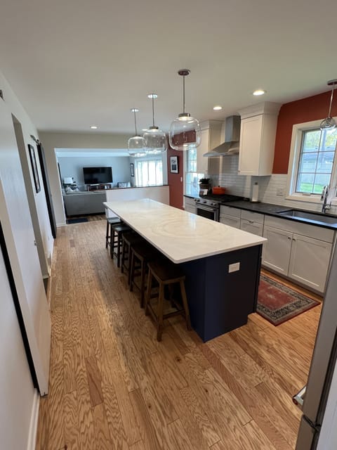 Kitchen with family room in background 