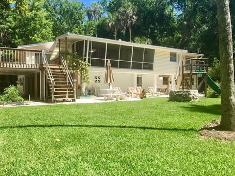 Large raised deck with grill and seating for your family and friends.