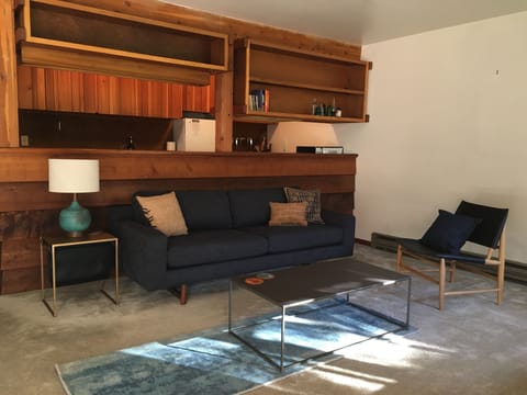 The living room with new sofa, leather chair, and tables. Galley kitchen beyond.