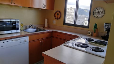 Kitchen, lots of cupboards, stove, oven, dishwasher, microwave