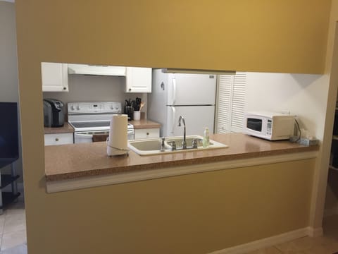 Enjoy delicious Kcup coffee every morning this kitchen with new pots, dishes.
