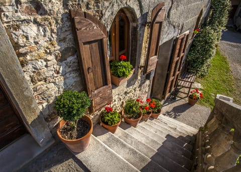 Casa Leana - ancient stone steps adorned with traditional geraniums