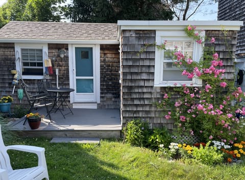 Deck and entrance. Bedroom window on the right.