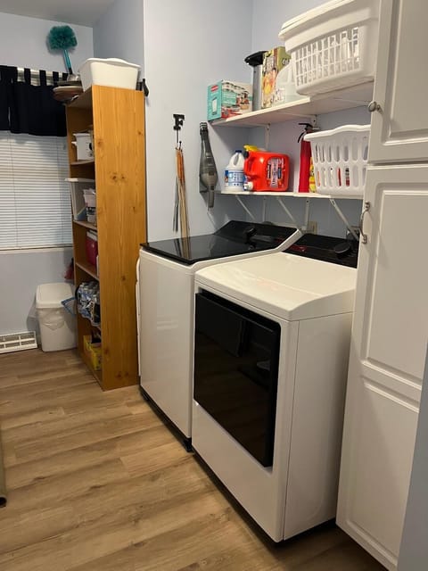 ample storage space in first floor laundry supplied with basic cleaning needs