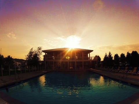 Sunset view of the cottage and marina property