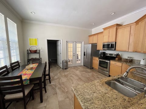 Dining table in large kitchen seats six