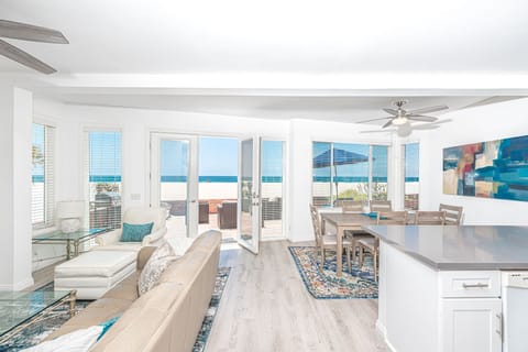 Our downstairs 2 bedroom, 2 bathroom home sits directly on the soft white sands of Newport Beach