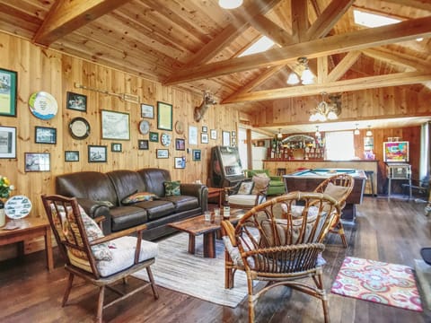 Seating area in front of wood burning stove 