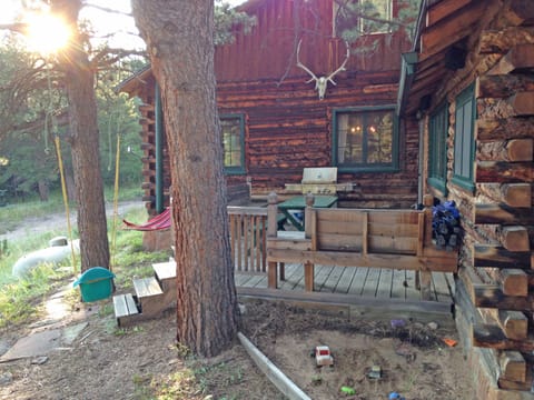 Back porch with large grill, picnic table, chairs, benches, hammock, sand box.